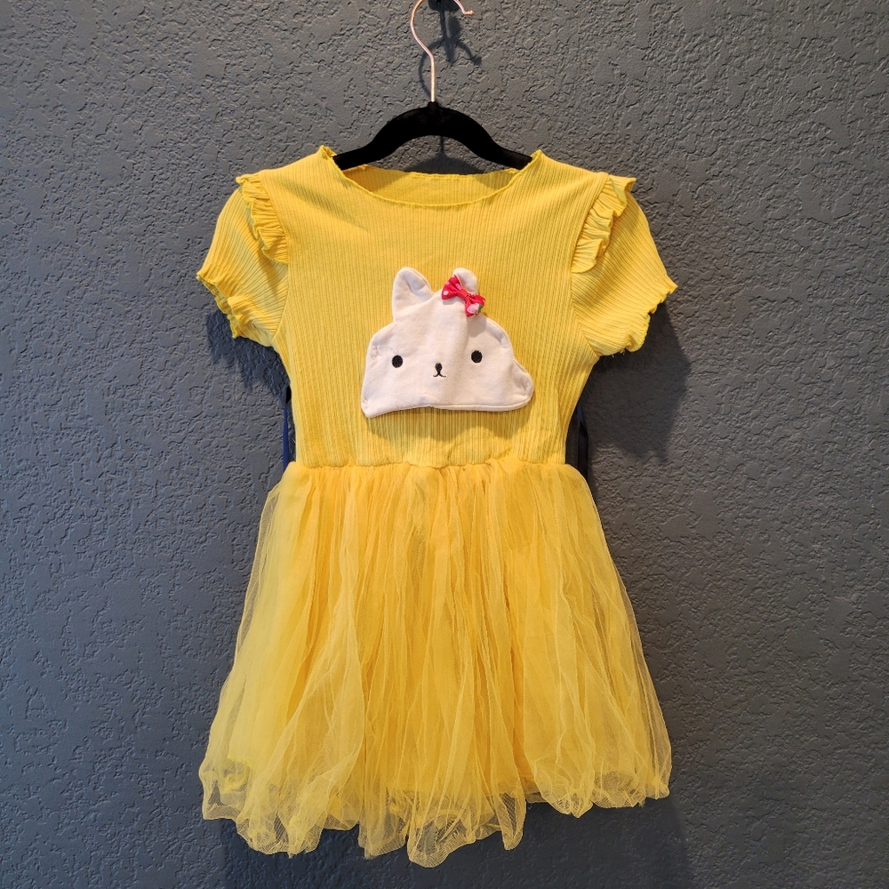 Title: Adorable Girls' Yellow Tulle Dress with Cute Bunny Detail - Size 4